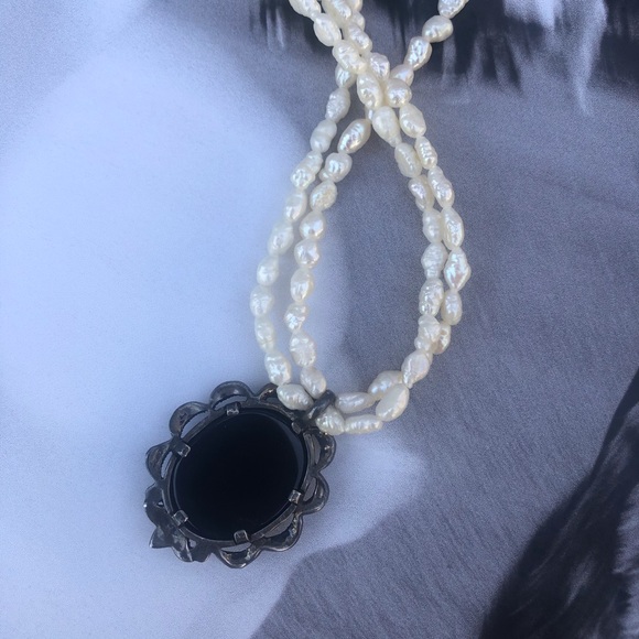 ⚜️VINTAGE Onyx Marcasite Cameo Seed Pearl Necklace - Picture 6 of 6